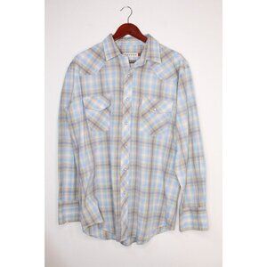 Roper Men's Cowboy Shirt L Blue Tan Plaid Western Pearl Snap Casual Fit Relaxed